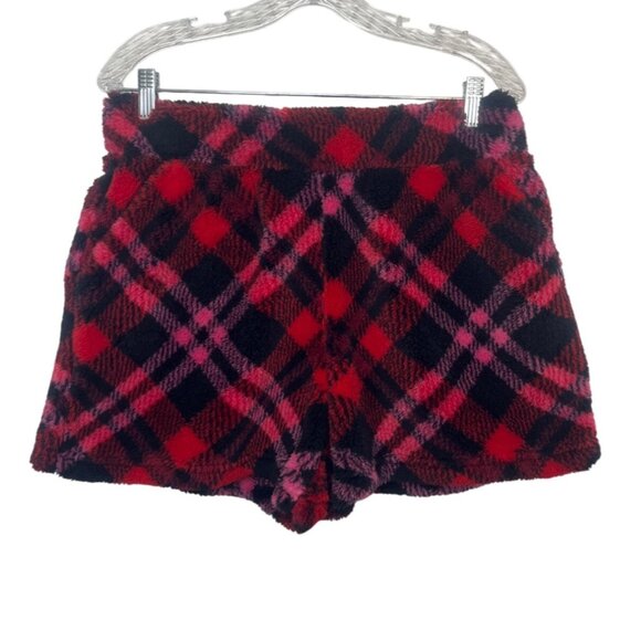 Maurices Teddy Sherpa Shorts Womens Large Red Black Plaid New WOT - Picture 2 of 9
